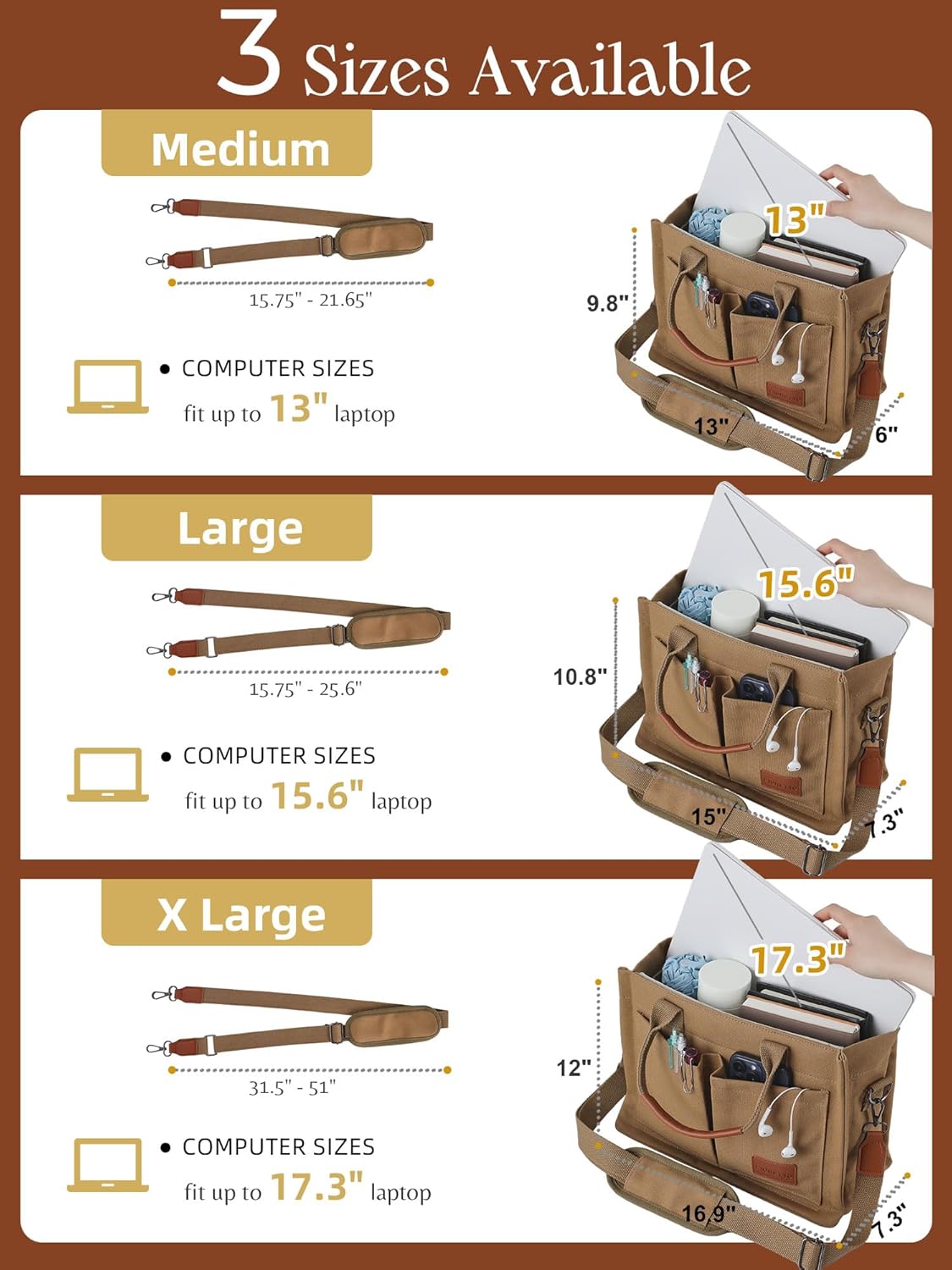 FIORETTO Canvas Tote Bag for Women with Zipper Closure & Individual Compartments for Work College