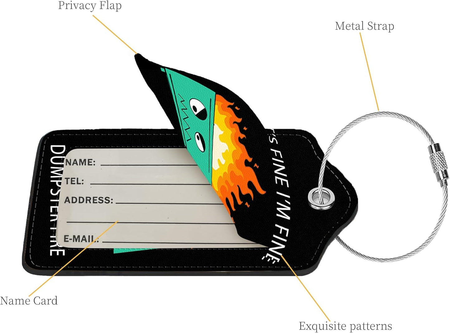 2 Pcs Luggage Tags for Suitcase, Cute Unique PU Leather Travel Bag Tag with Privacy Cover ID Label Address Card and Durable Metal Ring Suitable for Men Women Children Backpack,Dumpster fire