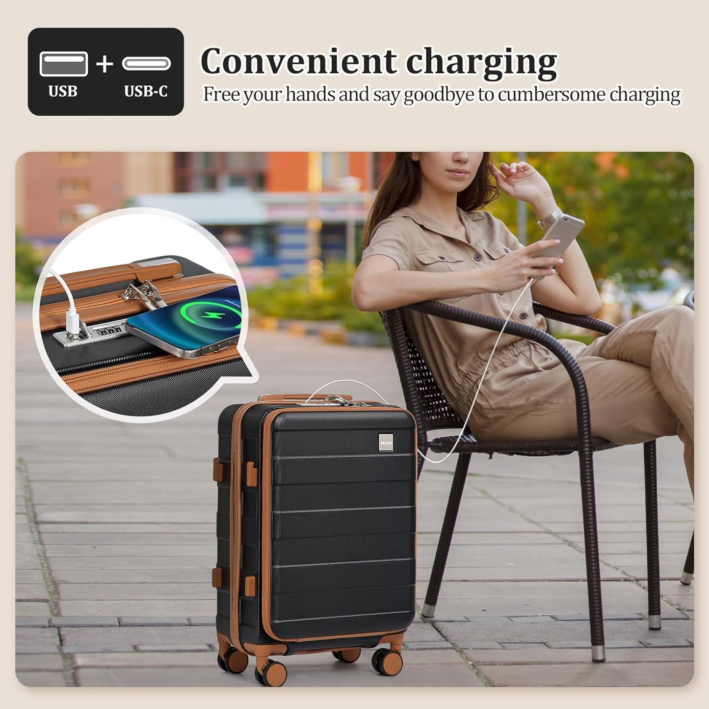 imiomo Luggage Sets 5 Piece with TSA Locks, Hardside Carry On Suitcase Set with Spinner Wheel, Lightweight Travel Luggage with USB Port, Black