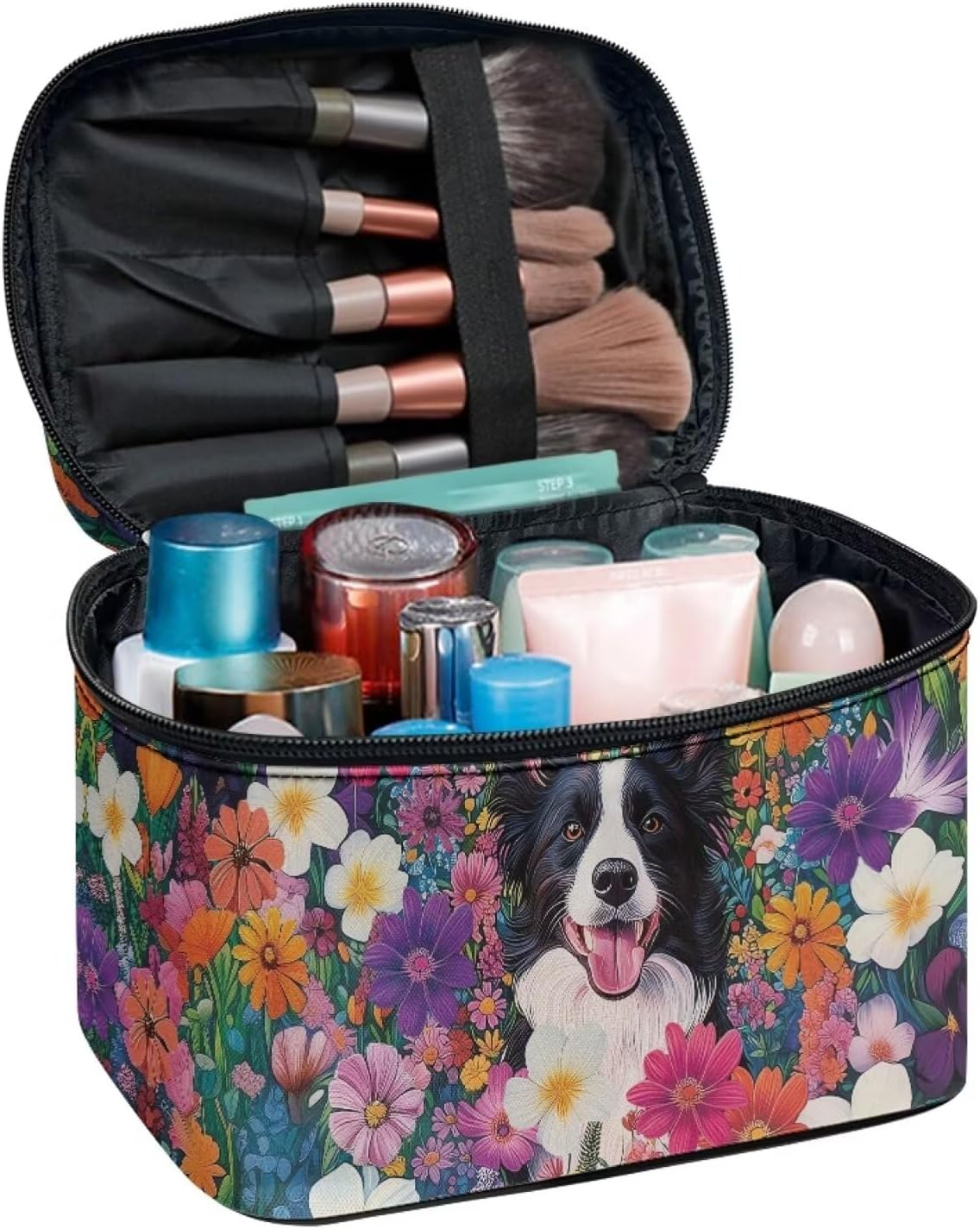 JoyLamoria Collie and Flower Cosmetic Bag Outdoor Travel Makeup Bag Cute Cosmetic Wallet Coin Purse for Teens