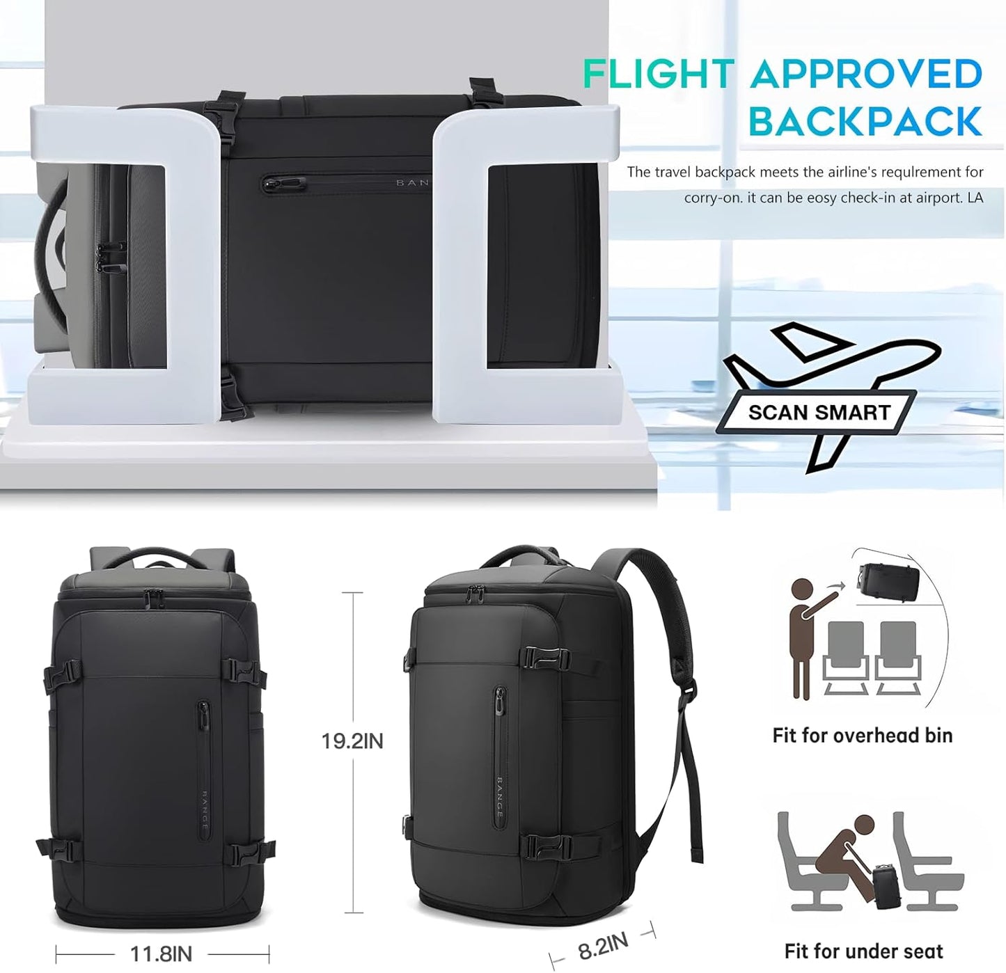 BANGE 40L Travel Backpack with Shoe Compartment, Large Capacity Weekender Bag Daypack Fits 17.3 Inch Laptop, Carry-on Luggage Backpack with Water Bottle Holder for Traveling, Hiking, Business