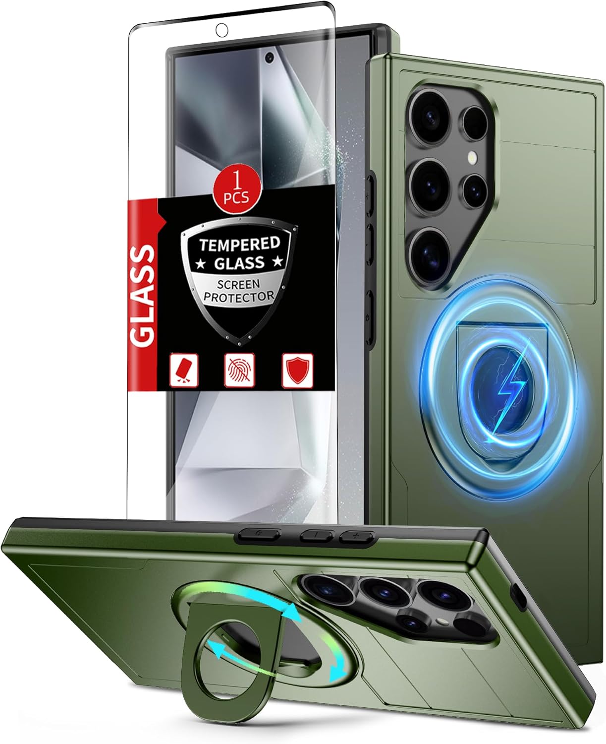 for Samsung Galaxy S24 Ultra Case Magnetic Compatible with MagSafe Wireless Charging,with 1 Screen Protector,Built-in 360° Kickstand Ring Anti-Scratch Shockproof Heavy Duty Protection Green