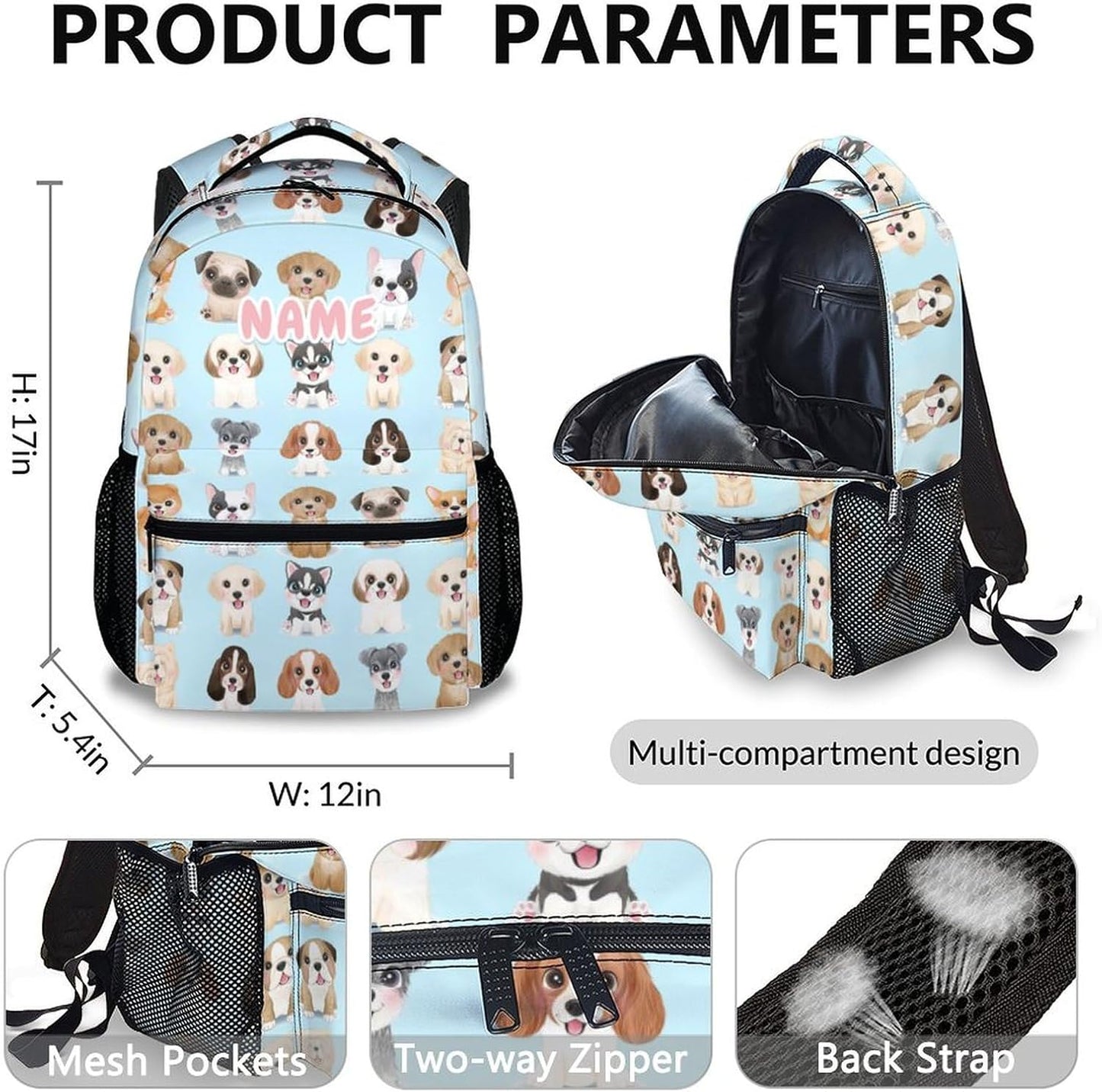 Custom Dog Backpack with Lunch Box, Set of 3 School Backpacks Matching Combo, Cute Blue Bookbag and Pencil Case Bundle