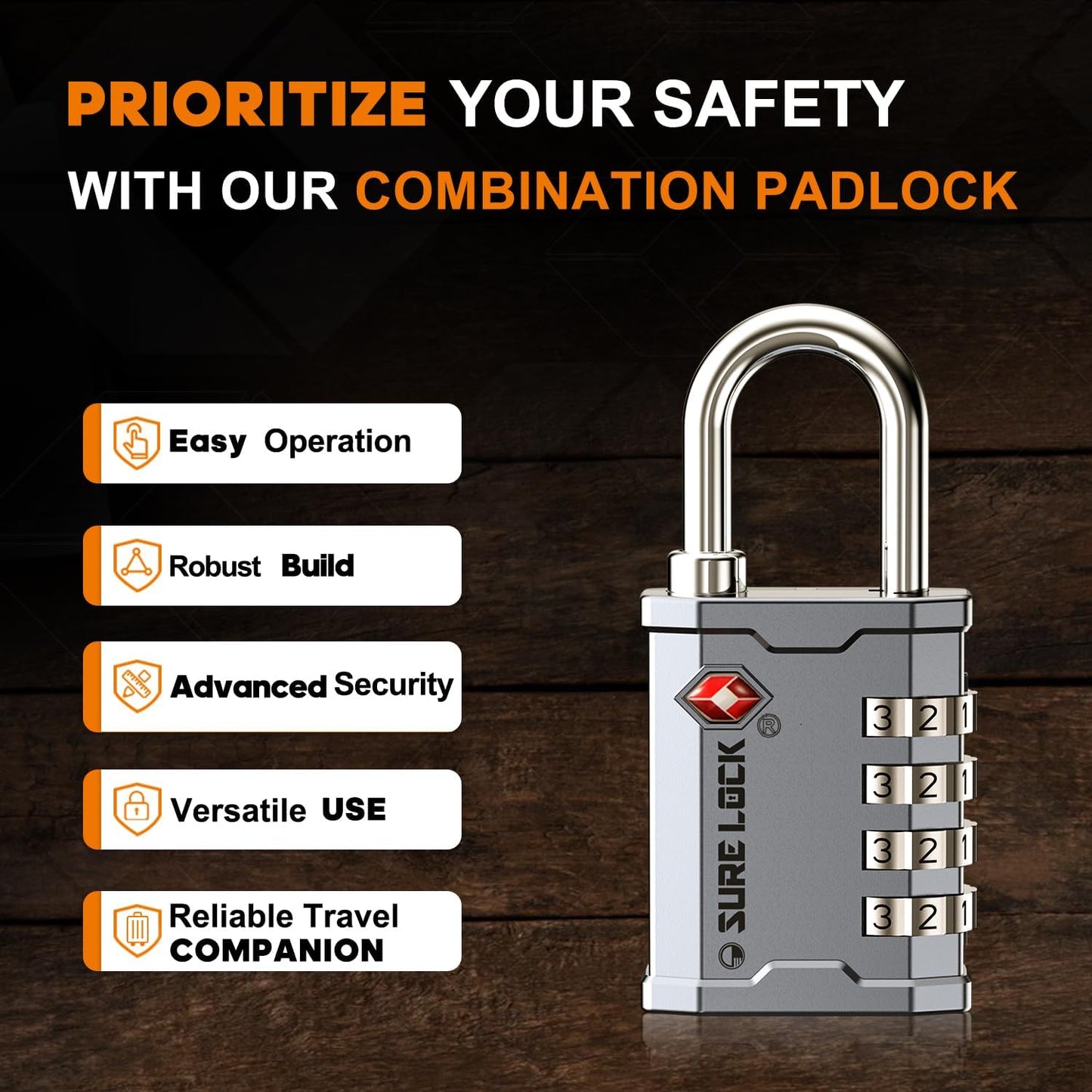 SURE LOCK TSA Accepted Combination Luggage Padlock for Gun Cases, Transporting Equipment Cases in Trade Show, Music and Medical Industries (1, Silver)