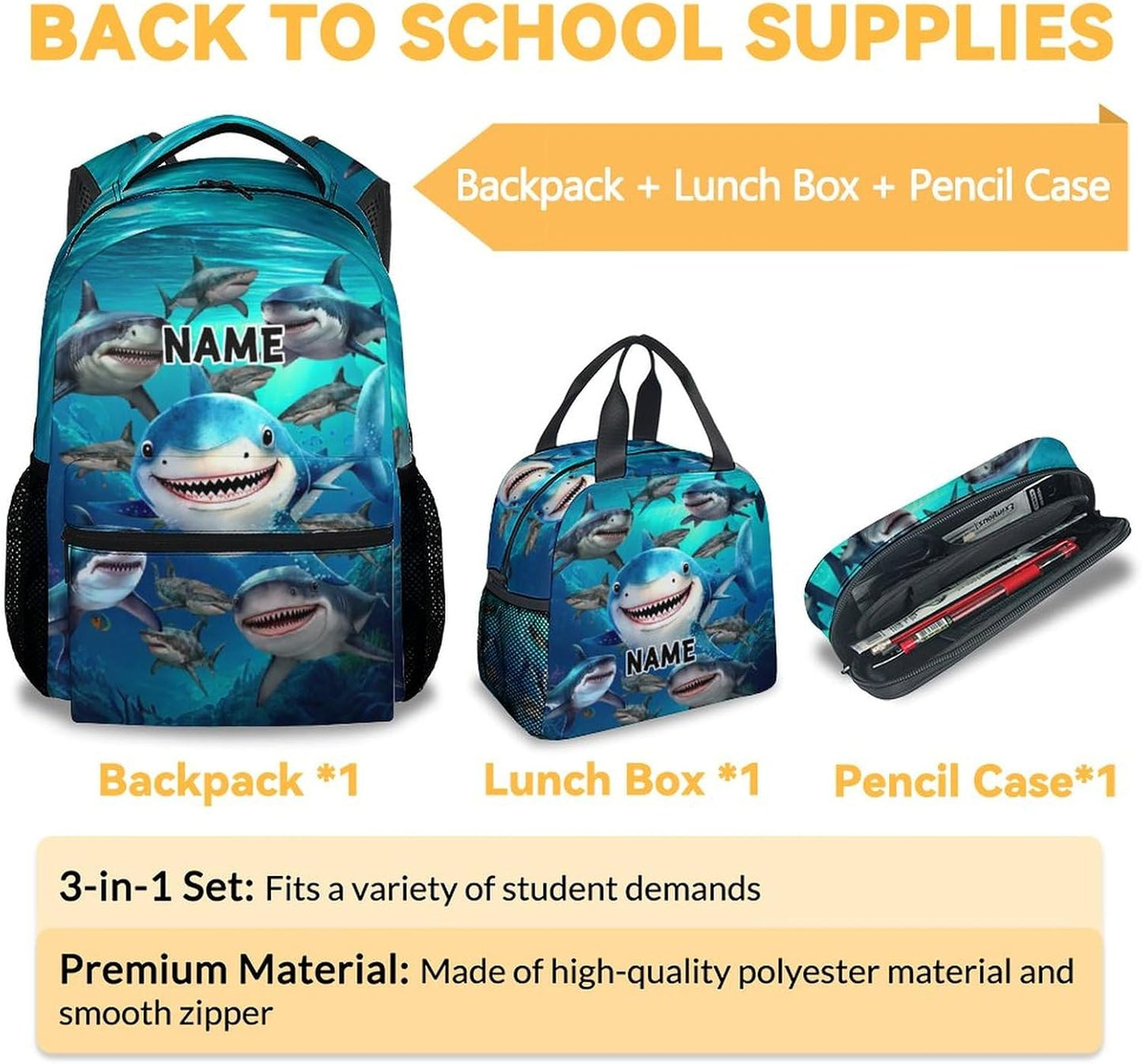 Custom Shark Backpack with Lunch Box, Set of 3 School Backpacks Matching Combo, Cute Blue Bookbag and Pencil Case Bundle