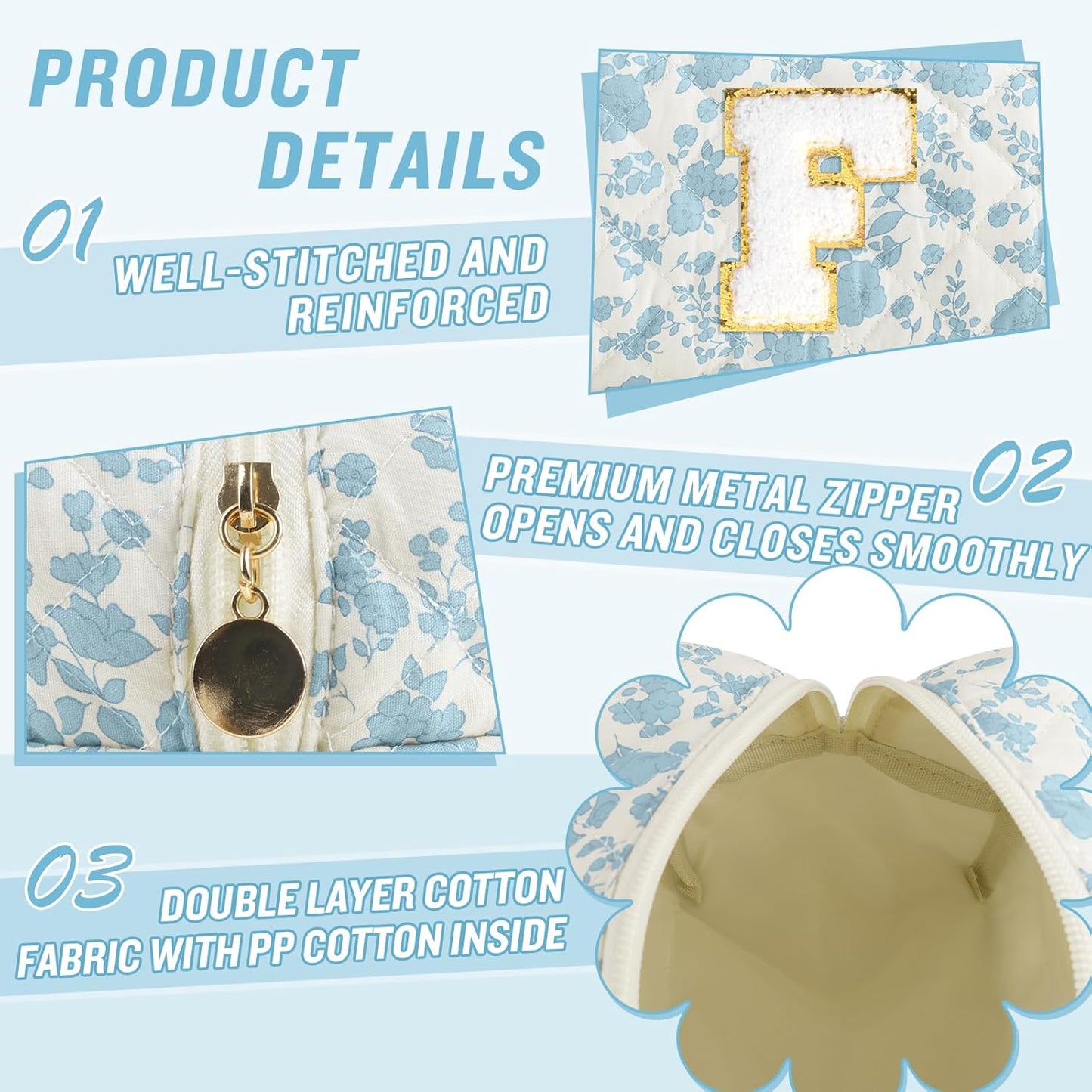 Personalized Quilted Cosmetic Bag, Puffy Monogrammed Christmas Birthday Gifts for Women & Girls, Cute initial Floral Makeup Bag Puffer Coquette Bag, Aesthetic Travel Toiletry Zipper Pouch(Blue,F)