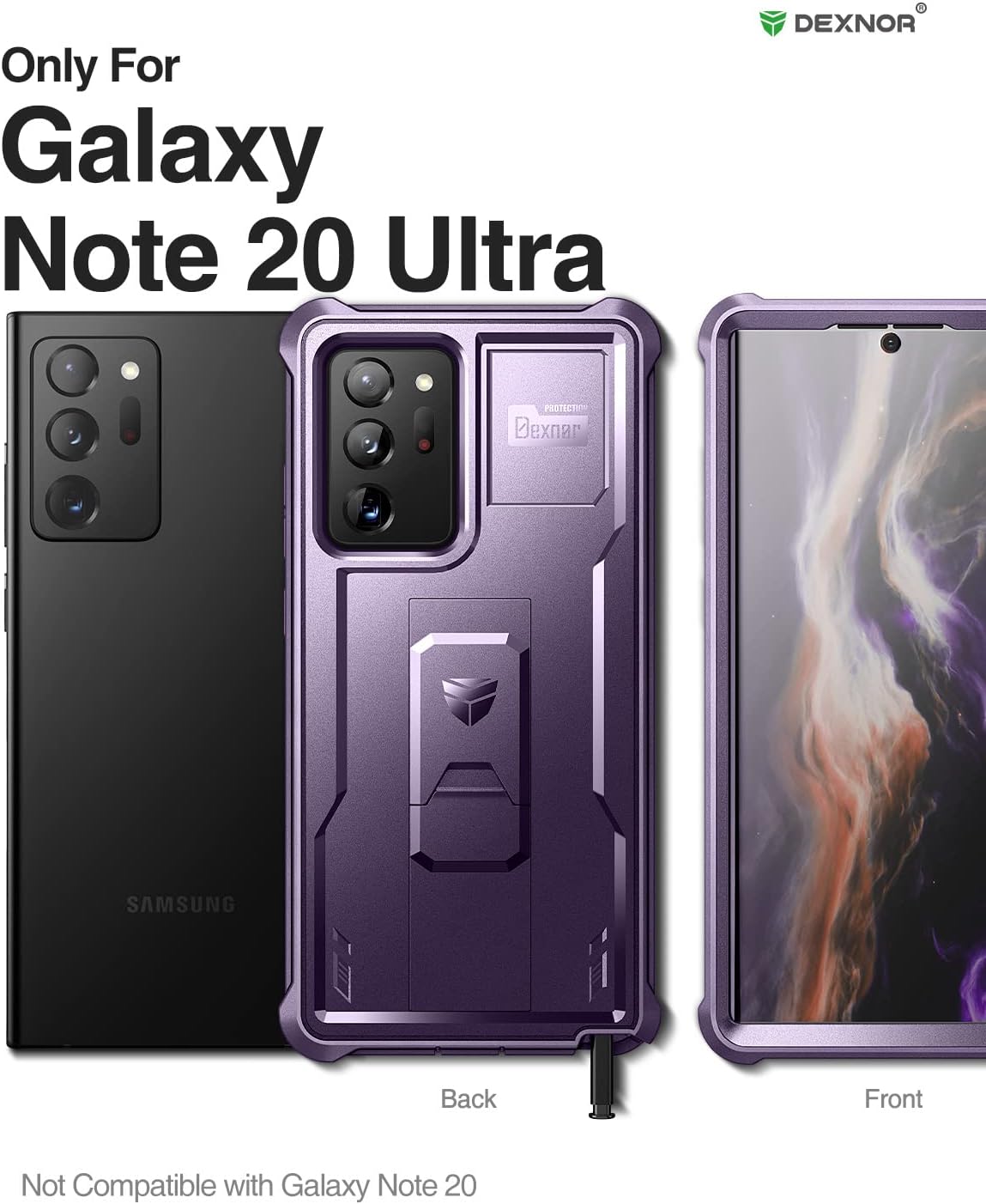 Dexnor for Samsung Galaxy Note 20 Ultra 5G Case, [Built in Screen Protector and Kickstand] Heavy Duty Military Grade Protection Shockproof Protective Cover for Samsung Galaxy Note 20 Ultra Purple