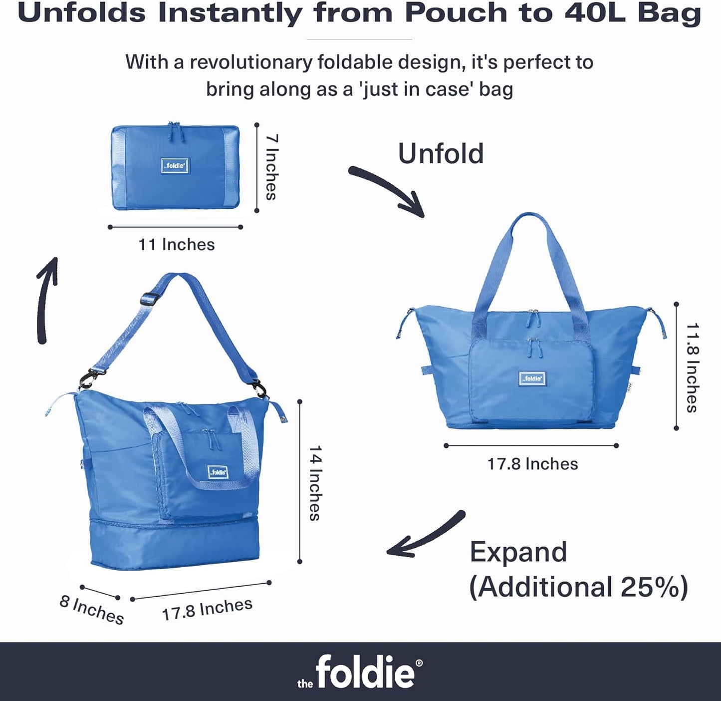 The Foldie Foldable Travel Bag for Women - 40L Weekender Bag with Multiple Pockets - Carry On