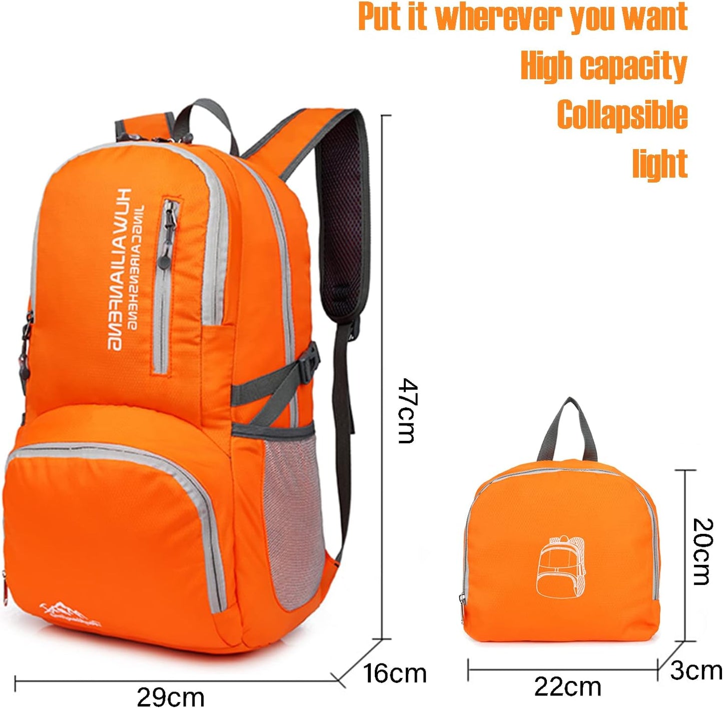 Hiking Backpack,30l sporty lightweight folding waterproof ultralight backpack for outdoor camping picnic hiking running bag with waterproof rain (Orange)