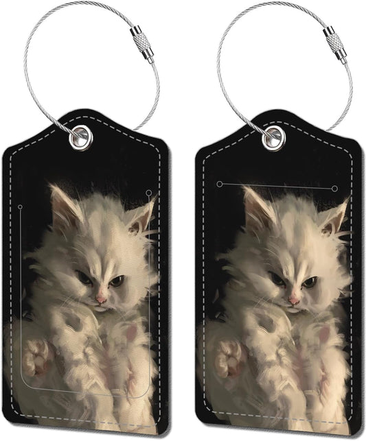 2 Pack Luggage Tags for Suitcase, Leather Suitcase Tags Cruise Ship with Privacy Cover and Double Metal Loop for Women Men Girls Boys Travel Baggage Bag Backpack Tags, Cute Kitty Cat