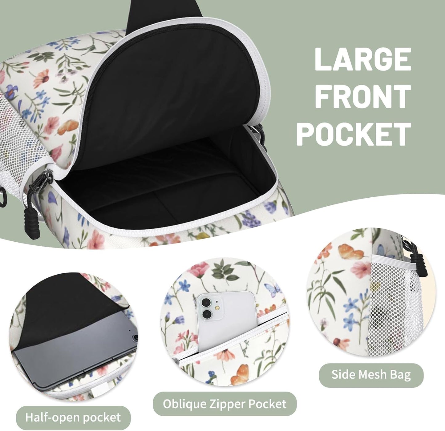 Beige Watercolor Floral Sling Bag Crossbody Chest Bag for Women Men, Water Resistant Lightweight Casual Crossbody Bag with Adjustable Strap, Travel Hiking Daypack Shoulder Backpack