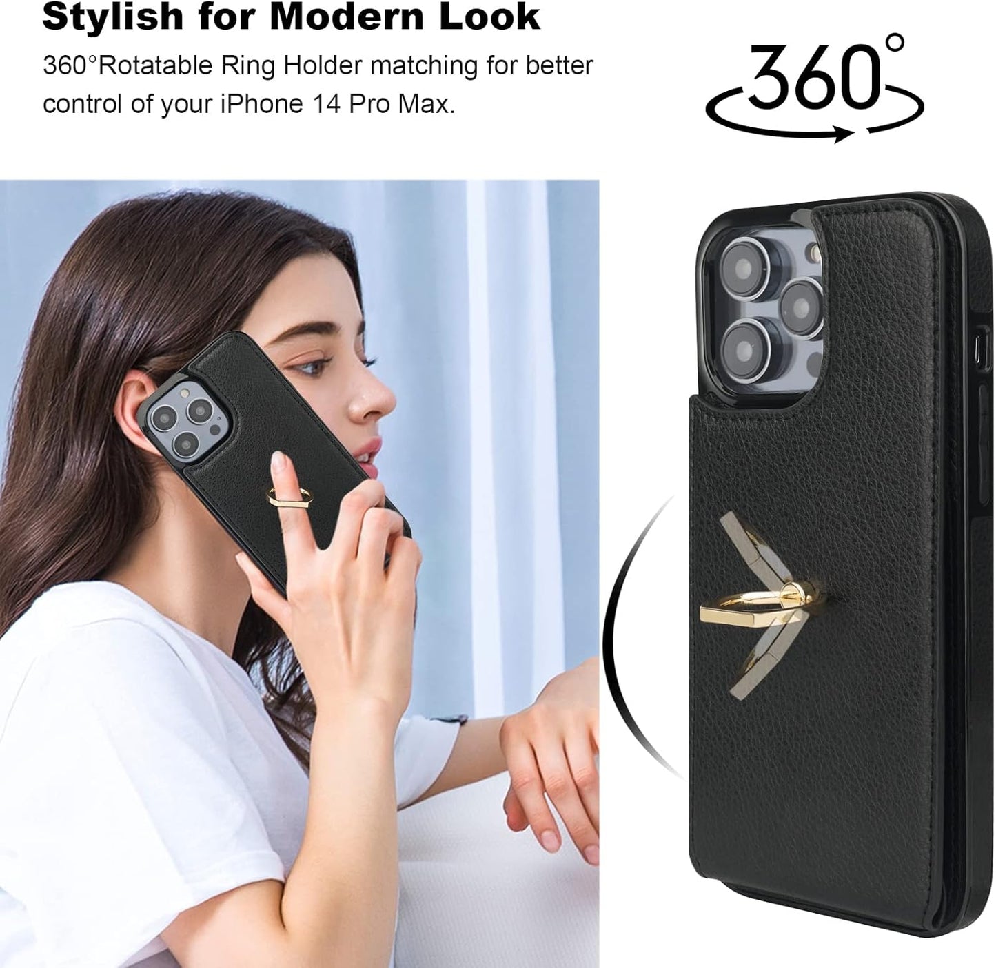 Folosu Compatible with iPhone 14 Pro Max Case Wallet with Card Holder, 360°Rotation Finger Ring Holder Kickstand, RFID Blocking Leather Protective Double Buttons Shockproof Cover 6.7 Inch Black