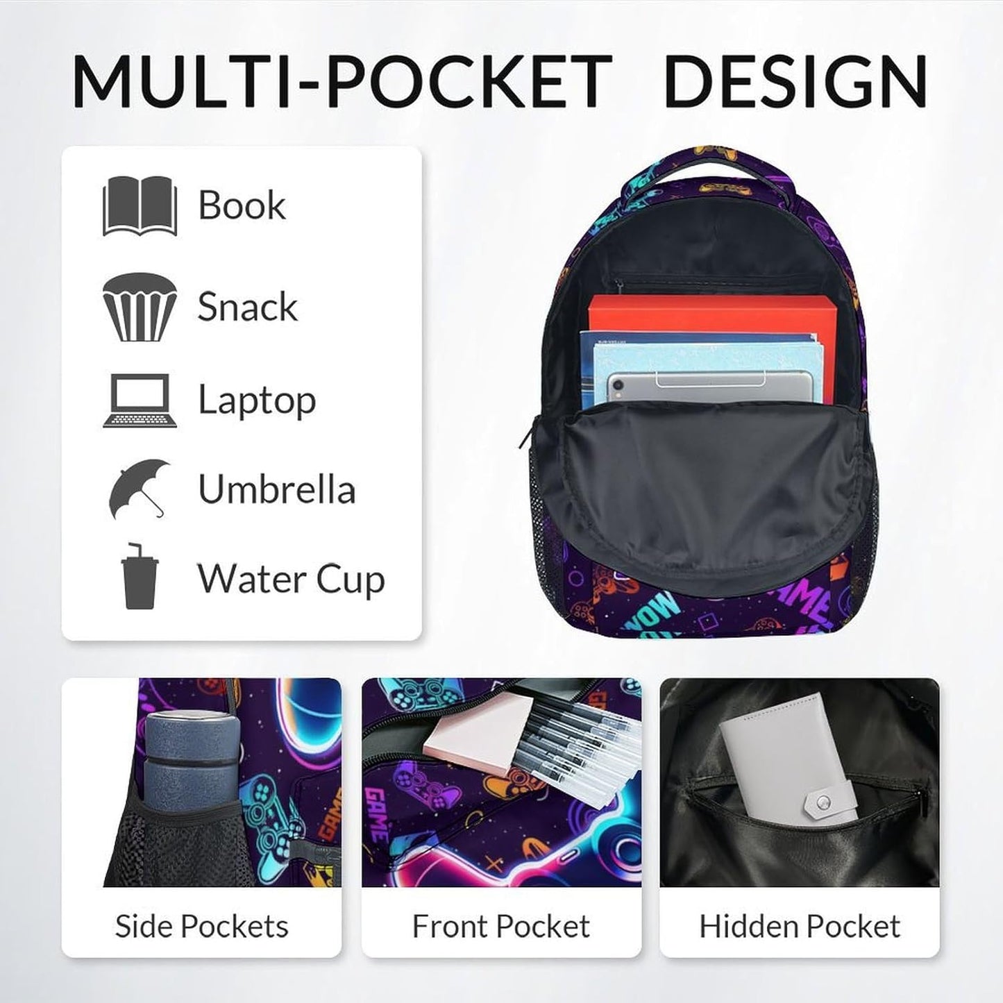 Kids Backpack - 17 Inch Custom Gamer Backpack for Boys Girls - Personalized Cool Gaming School Bag for Primary Middle