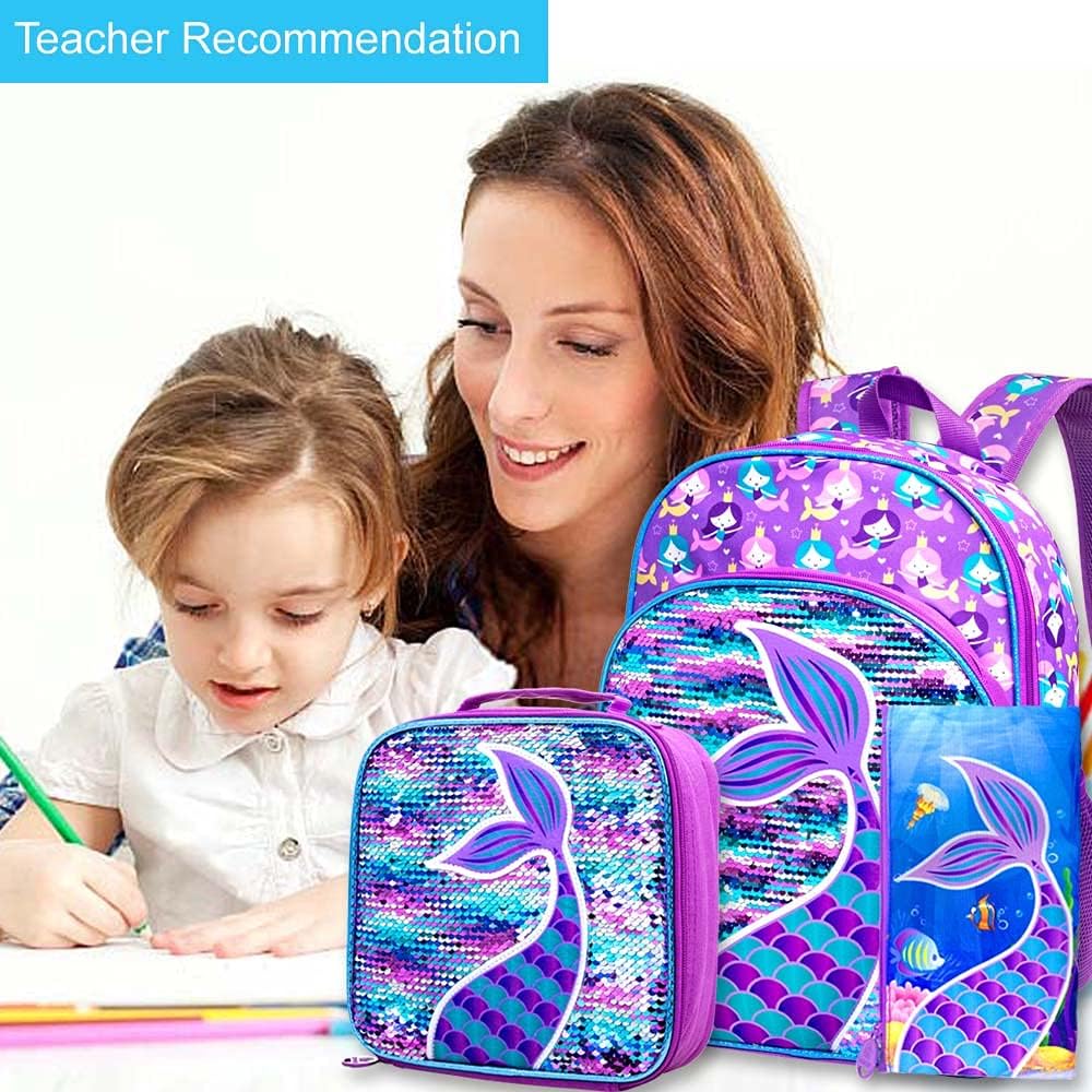 3PCS Girls Backpack, 16" Sequin Prechool Elementary Bookbag and Lunch Box