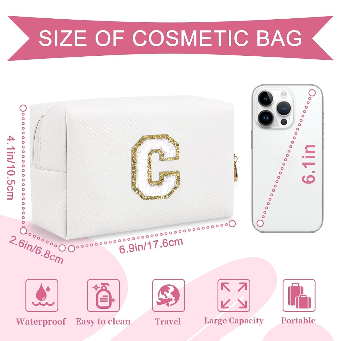 Small Personalized Initial A-Z Preppy Patch Makeup Bag,White PU Chenille Letter Travel Cosmetic Pouch with Zipper,Cute Toiletry Bag,Gift Ideal for Teen Girls Women Teacher Bridesmaid,Letter C