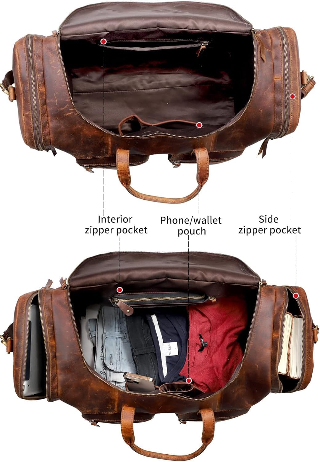 20" Vintage Duffel Classic Style with Modern Outlook Retro Thick Full Grain Cowhide Handmade Airplane Underseat Carry On Bags Leather Gym Overnight Luggage Bag