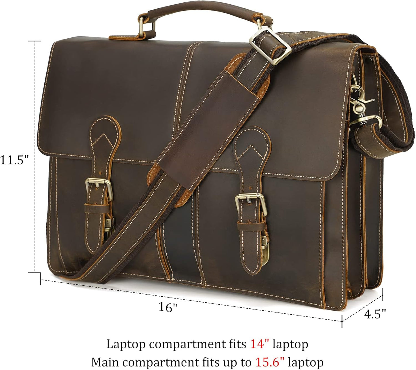 Polare 16" Full Grain Leather Messenger Bag Laptop Briefcase Bag Professional Work Bag For Men with YKK Zippers
