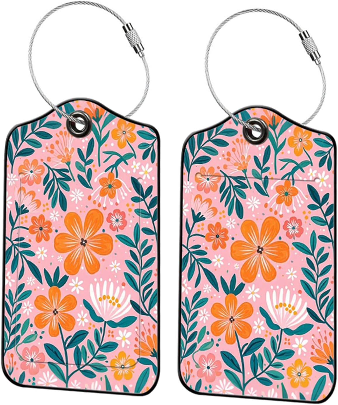 2 Pack Flowers Leather Luggage Tags for Suitcases, Travel Bag Tags with Privacy Cover ID Label with Stainless Steel Loop for Women Men Girls Backpack Gift (Pink Orange)