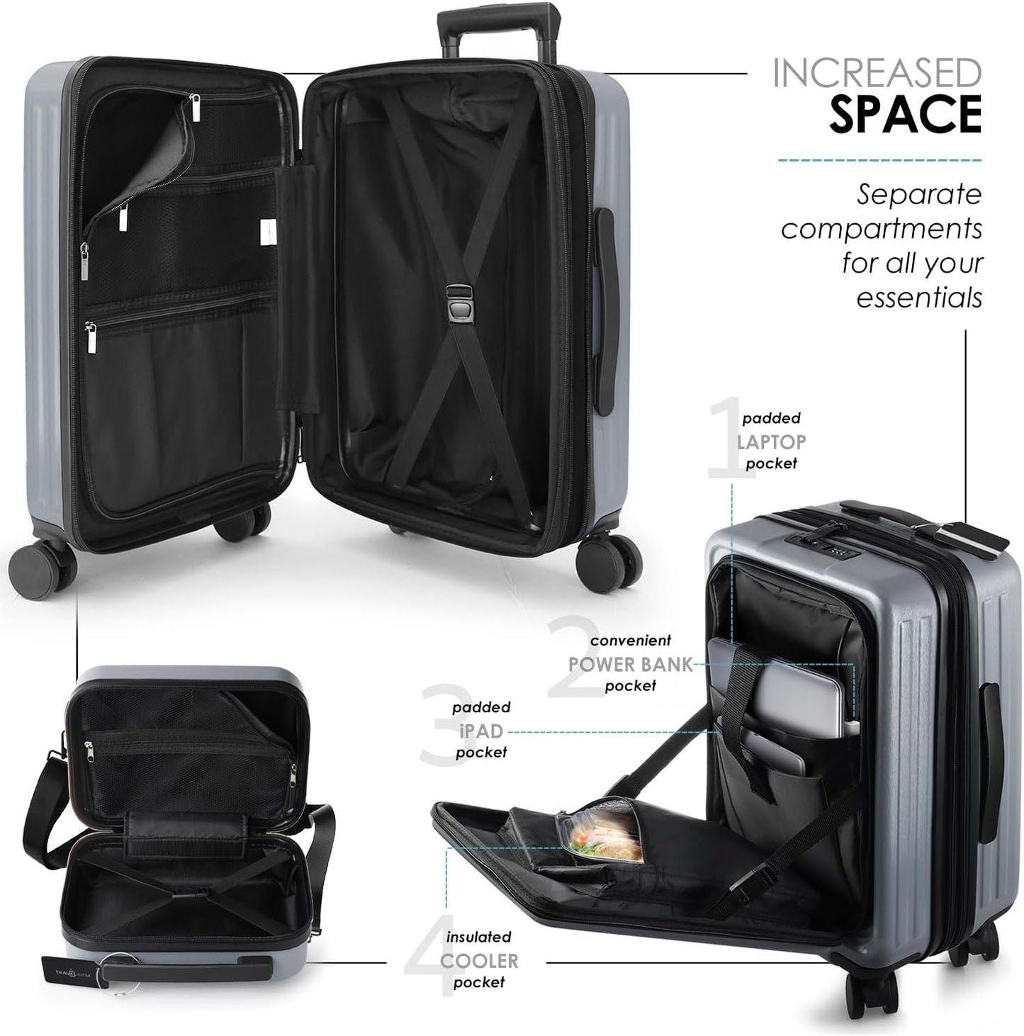22 Inch Carry On Luggage 22x14x9 Airline Approved, Small Carry On Suitcase, Hard-shell Carry-on Luggage with Wheels, Durable Grey Luggage Carry-On with Cosmetic Case and Luggage Scale