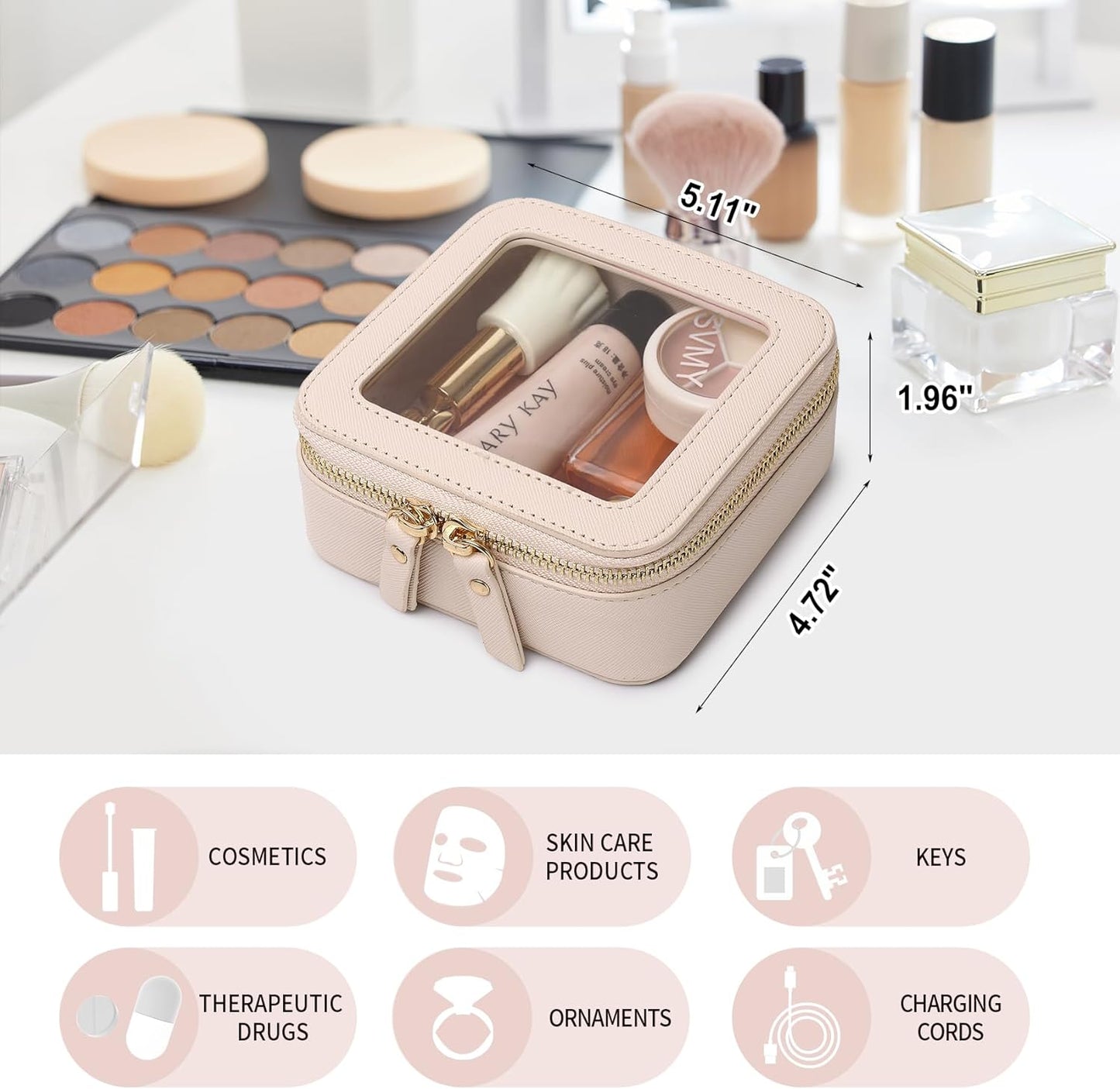 Clear Makeup Bag Set Portable Travel Cosmetic Bag and Toiletry Bag Women's Purse Pouch Cosmetic Stroage Organizer Bag with Zipper Car Essentials (Beige, M+Mini)