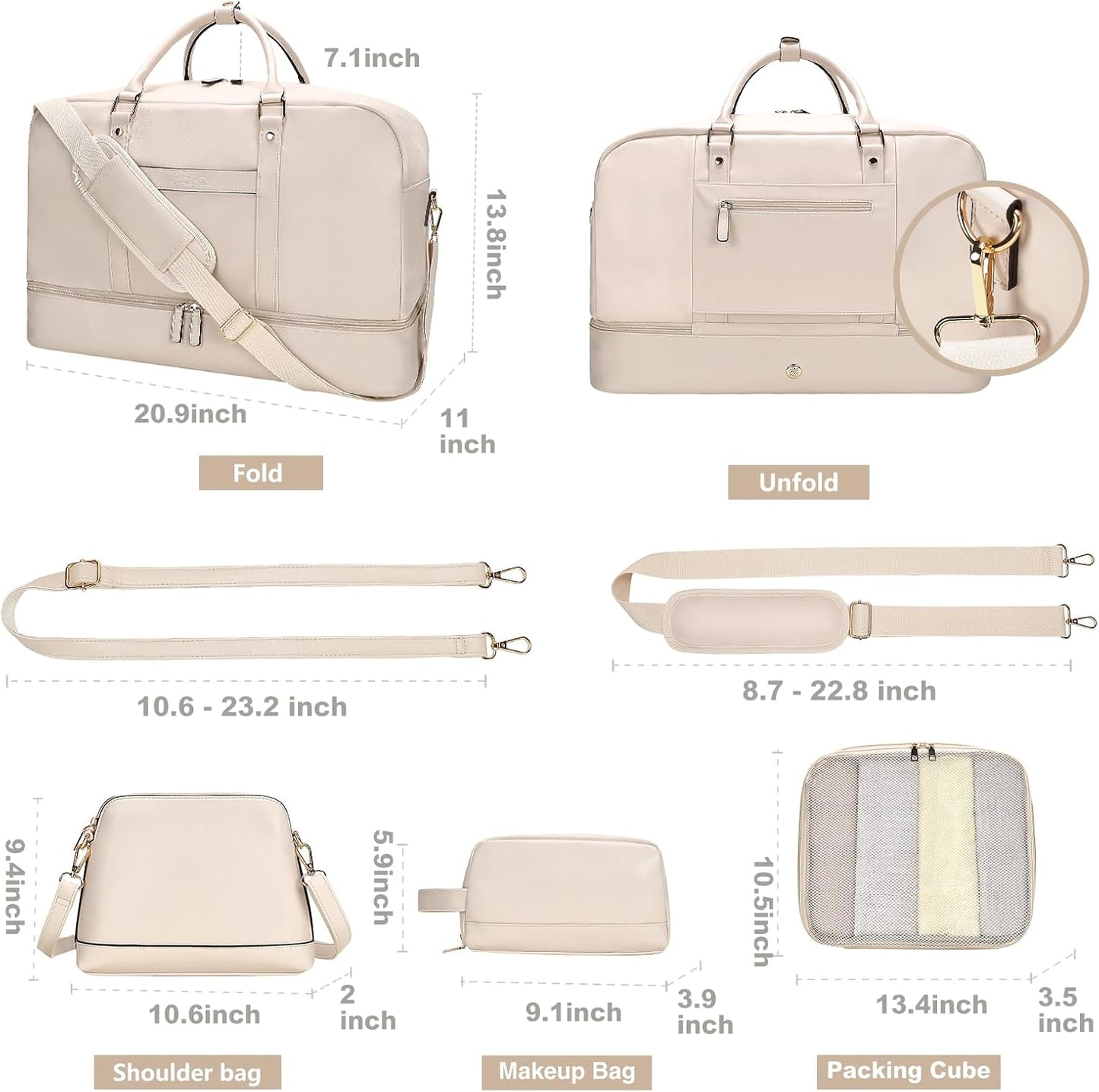 4PCS Leather Duffle Bags, Weekender Bag for Women Men, Large Travel Duffel-Overnight Bag with Toiletry, Makeup, Shoulder Bag, Faux Leather Carry On with Shoe Compartment (White)