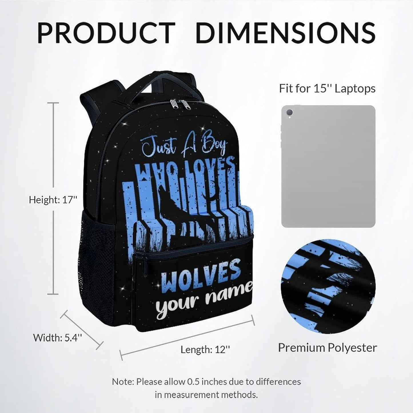 UNIKITTY Personalized Kids Backpack for Boys, Wolf Backpack for Preschool Middle School, Black Cool Large Capacity Bookbag with Adjustable Straps, 17" School Backpack for Kids Children