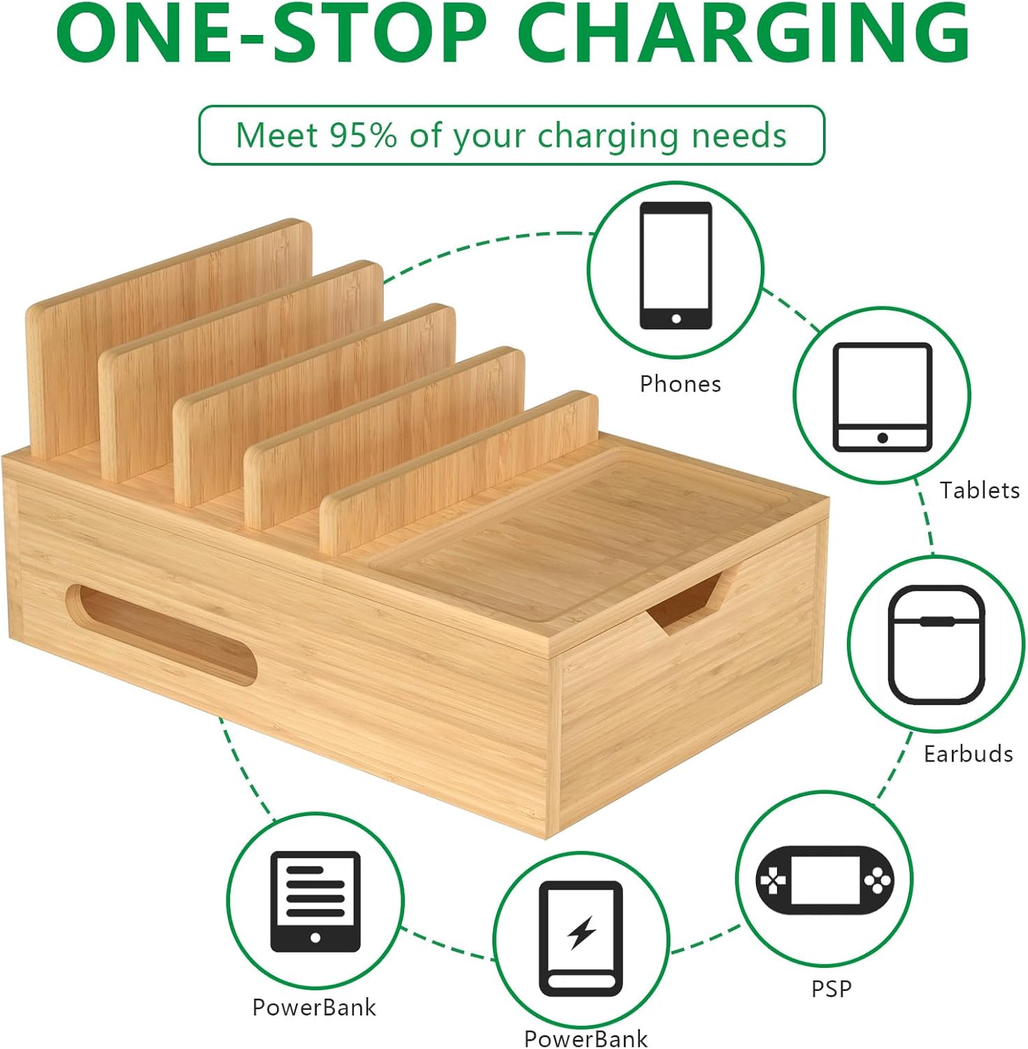 Bamboo Charging Station for Multiple Devices, Desktop Charger Organizer with Tray& Drawer, Wooden