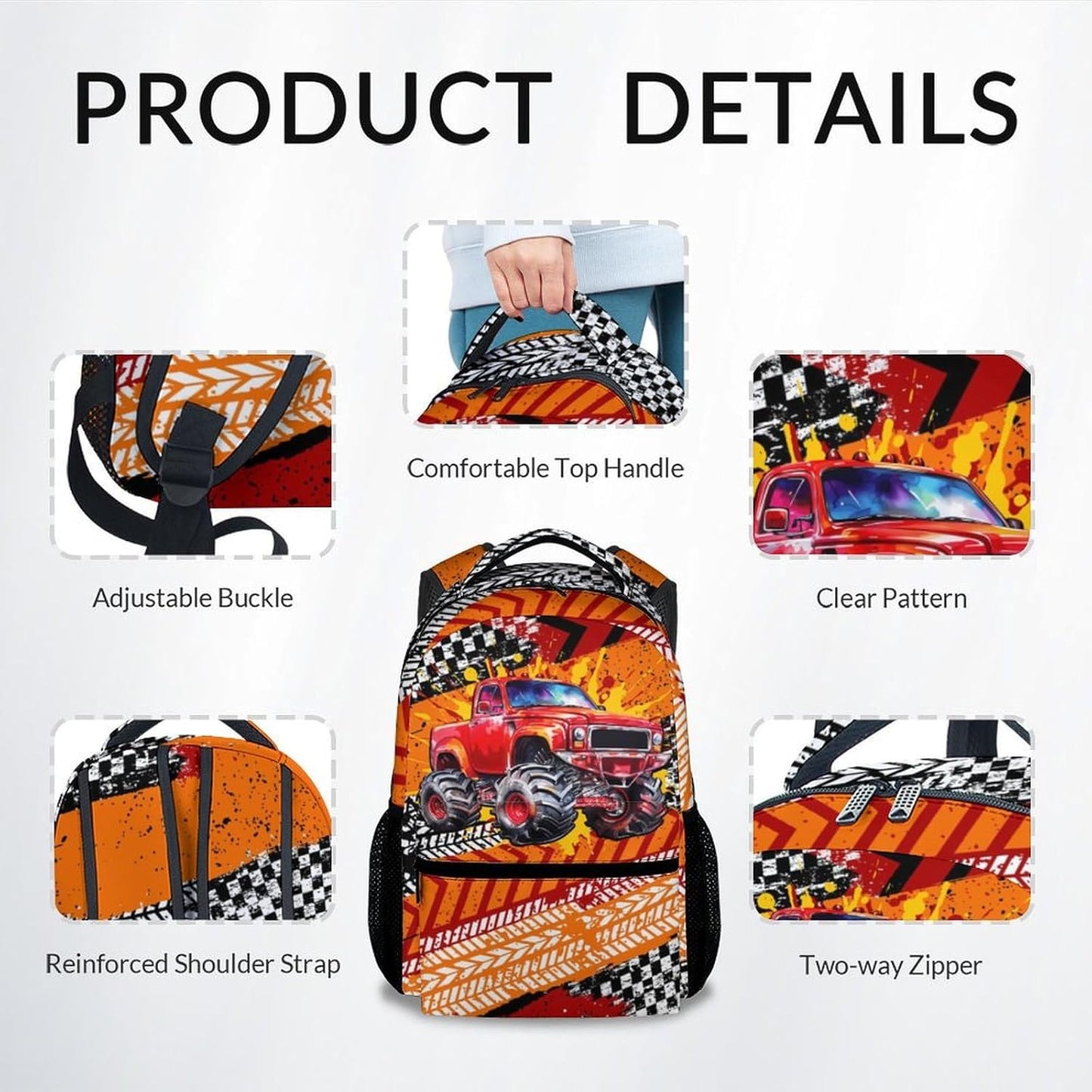 School Backpack for Boys, Truck Backpack for Kids, 17" Racing Bookbag for Toddler, Preschool Kindergarten Elementary School Bag