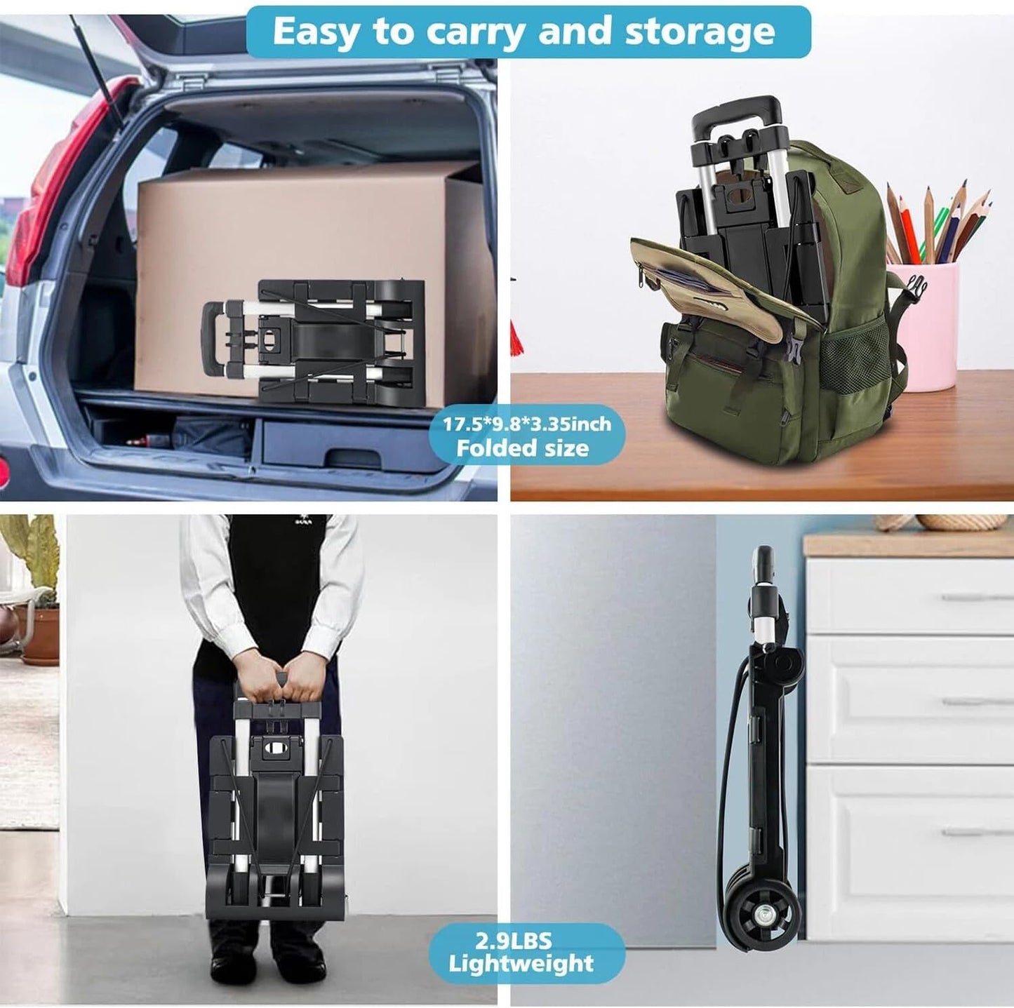 Folding Hand Truck Dolly Cart with Upgraded Tank Wheels, 70 lbs Capacity Lightweight Portable Platform Trolley, Collapsible Luggage Cart with Bungee Cord for Luggage, Moving, Travel, Shopping, Warehou