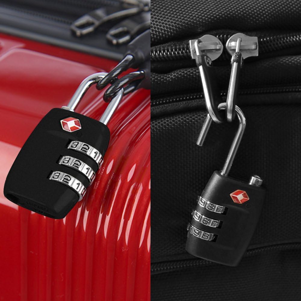 DanziX TSA Approved Lock and 4 Colors Stainless Steel Safety Tether，3-Dial Combination Travel Luggage Lock with Lanyard Security Cable for Protect Your Different Sizes of Bags,Suitcase,Baggage Black
