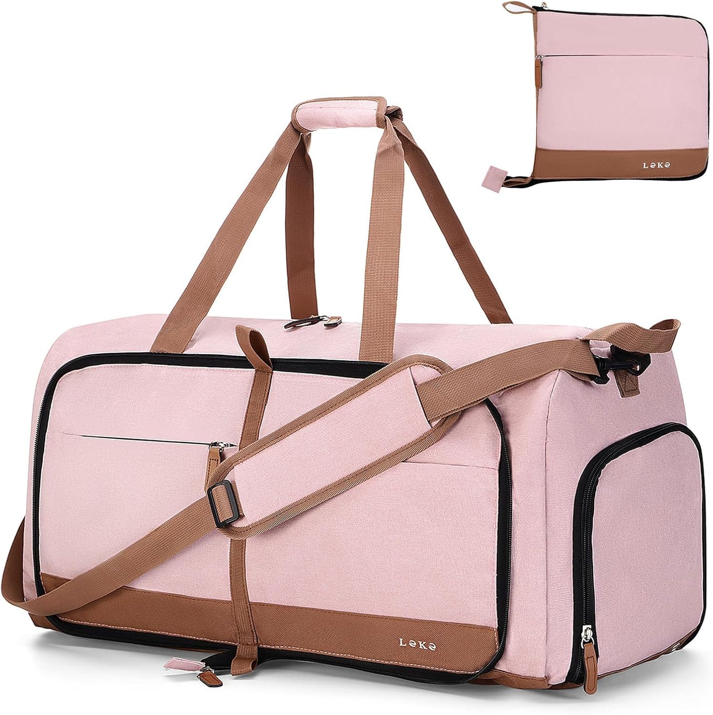 Lekesky Foldable Travel Duffel Bag for Women, 80L Large Duffle Bag with Separate Shoes Compartments & Straps, Carry On Weekend Bag for Women, Hospital, Overnight(Pink)