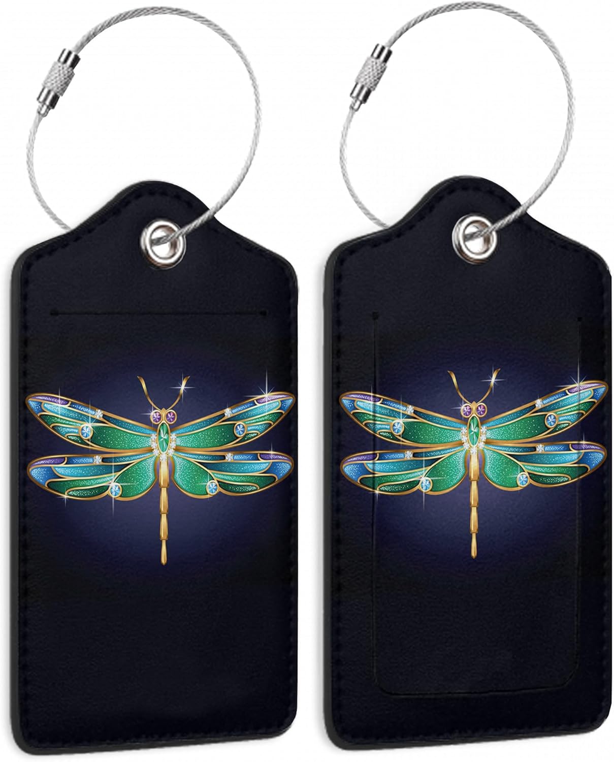 Luggage Tags for Suitcase,2 Pack Jewel Dragonfly Glitter Luggage Tag PU Leather Privacy Cover ID Label with Stainless Steel Loop for Women Men Teens Travel
