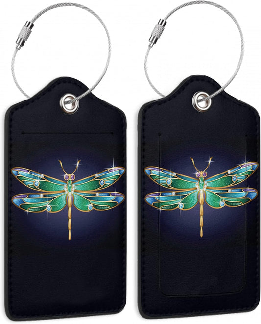 Luggage Tags for Suitcase,2 Pack Jewel Dragonfly Glitter Luggage Tag PU Leather Privacy Cover ID Label with Stainless Steel Loop for Women Men Teens Travel