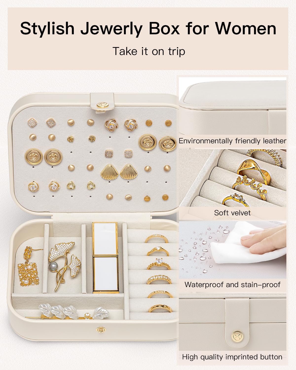 VLANDO Travel Jewelry Case for Women Girls, Gifts for Mother, PU Leather Small Jewelry Box for