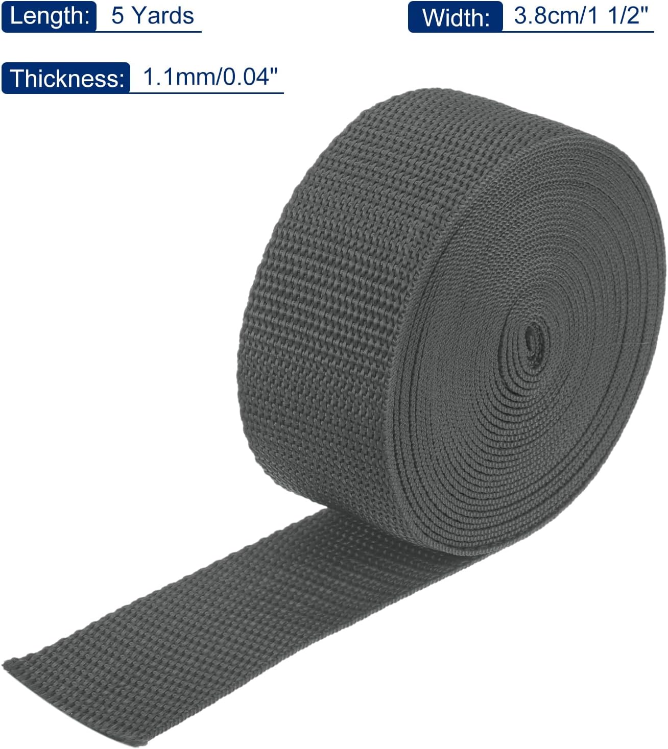 MECCANIXITY Lightweight Polypropylene Webbing Strap 1 1/2" 5 Yard Backpack Strapping Band Dark Grey for Outdoor Luggage Cargo Straps