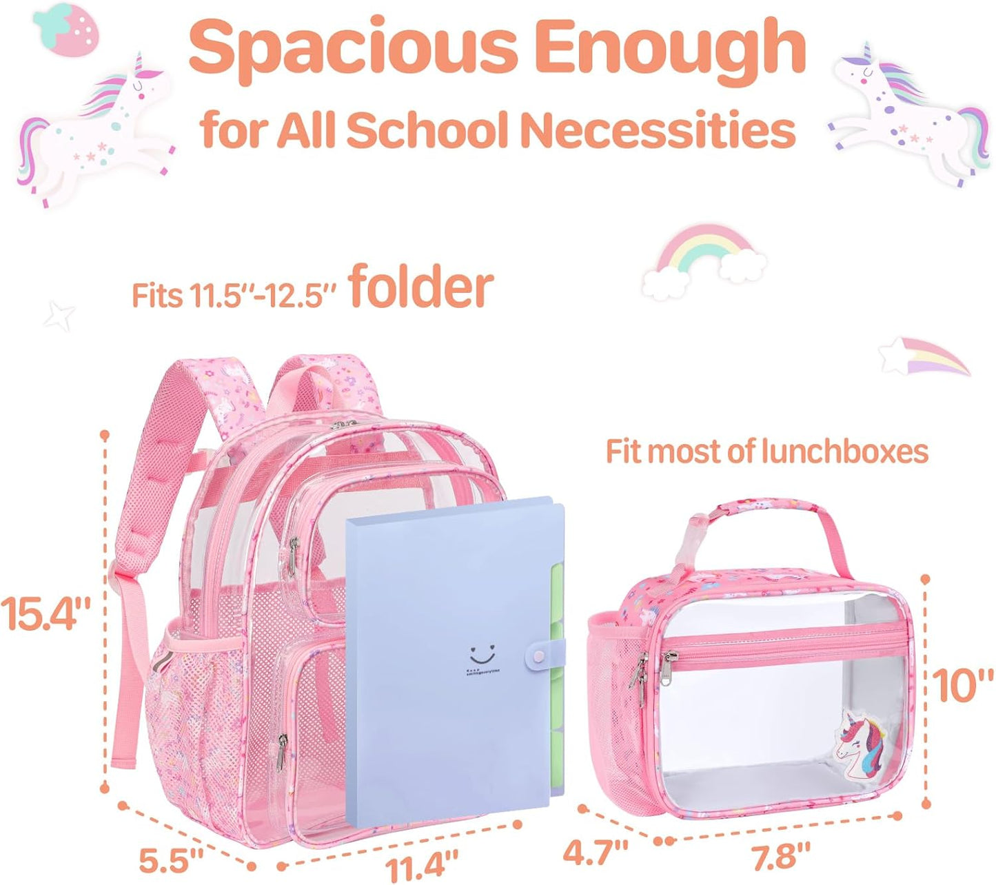 Bagseri Clear Backpack for Girls - 15 Inch Kids Backpack With Lunch Bag, Heavy Duty See Through Bookbag for School, Transparent for Ages 3-8, Pink Unicorn