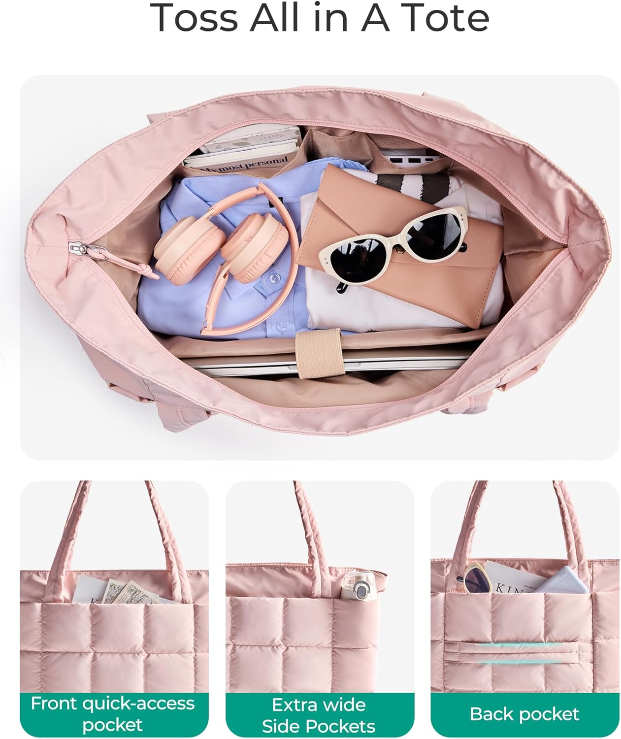 BAGSMART Expandable Tote Bag for Women, Puffer Work Tote Handbag, Quilted Carry-On Travel Gym Bag