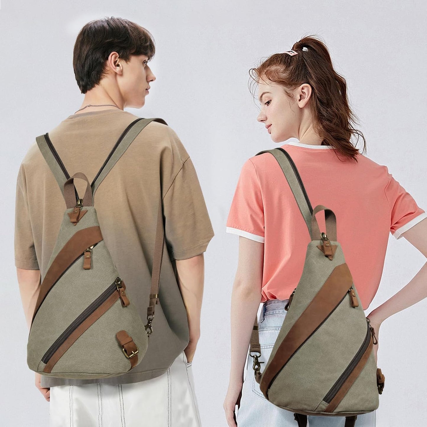 KL928 Canvas Sling Bag for Men Women, Genuine Leather Design Shoulder Crossbody Bags Backpacks Travel Daypack with Earphone Hole Rucksack, Olive Green