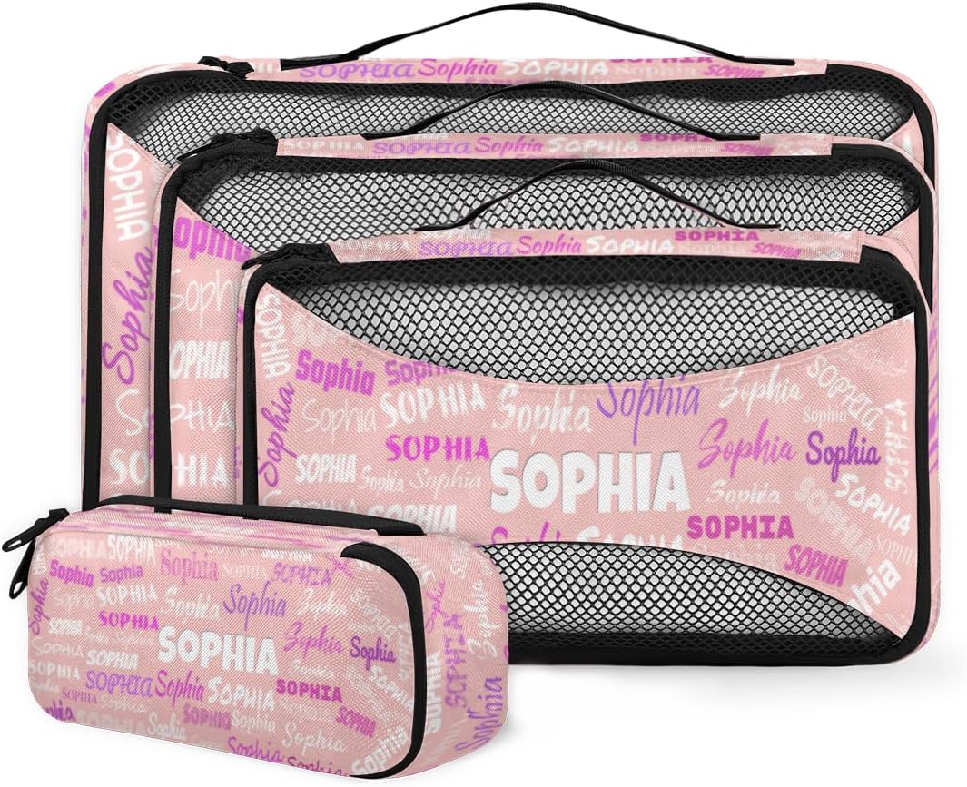 Custom Name Compression Packing Cubes Luggage Organizer Bags for Travel, Pale Pink Double Zipper Packing Cubes for Suitcases