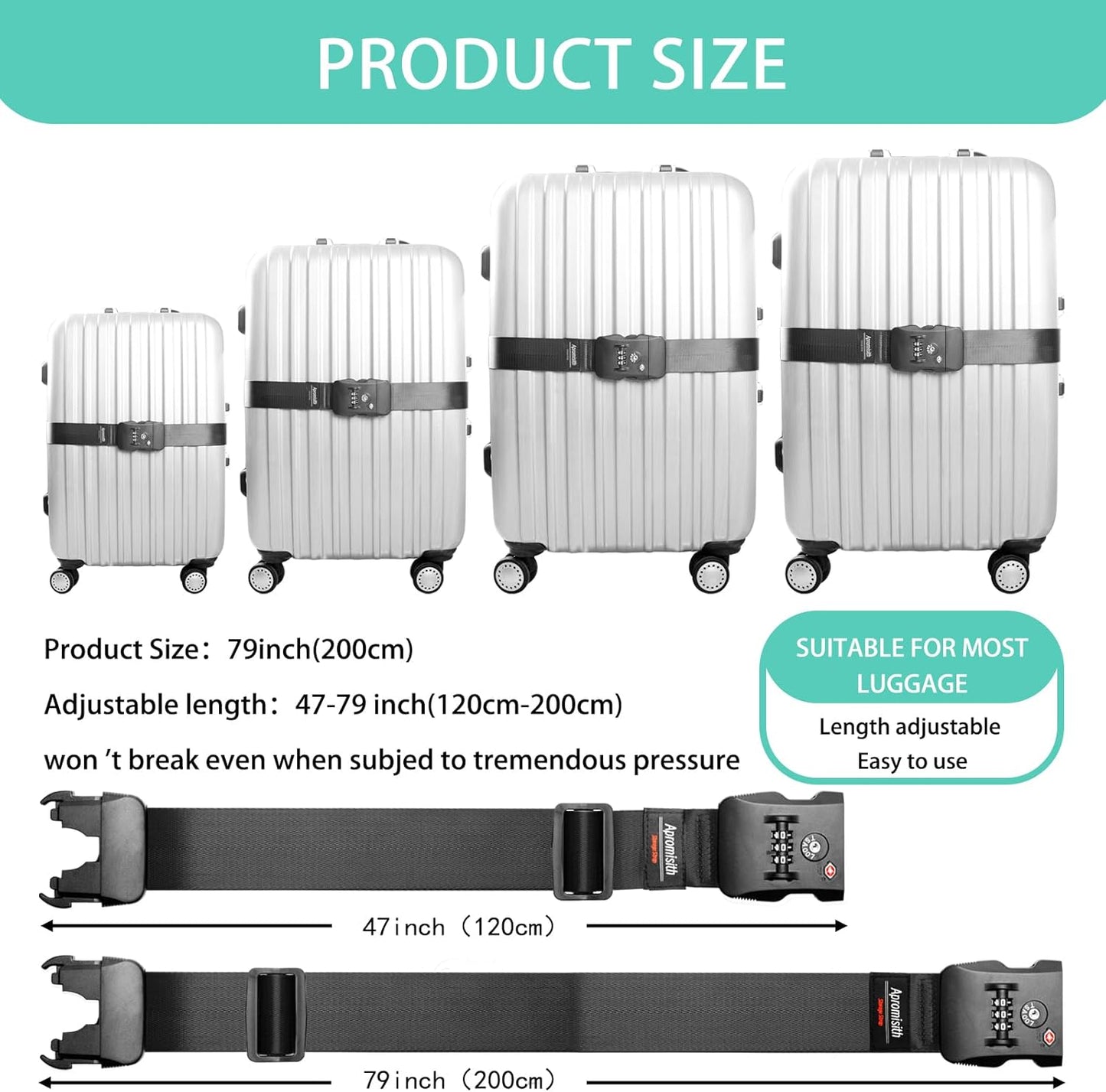 Luggage Strap Belt for 20"-32" Suitcase with TSA Approved 3-Dial Combination Lock Wide Adjustable Packing Straps Travel Accessories, Black