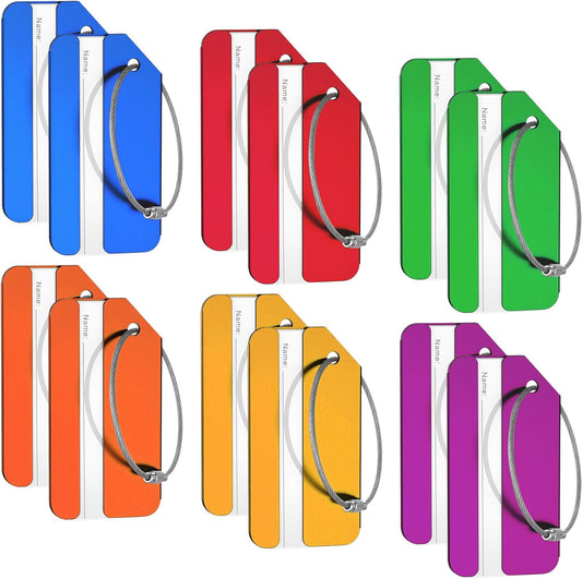 Weewooday 12 Pcs Luggage Tags Business Card Holder Aluminum Metal Travel ID Bag Tag for Suitcases Travel Luggage Baggage Identifier (Blue,Red,Green,Gold,Orange,Purple)