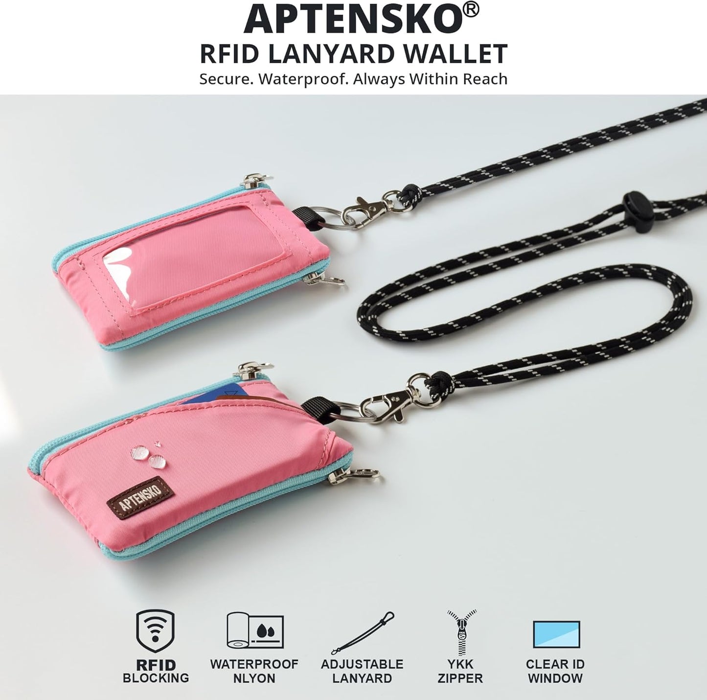RFID Travel Wallet with Adjustable Lanyard-Zipper Small Wallet with ID Card Holder, Keychain for women&men-Minimalist Slim Waterproof Nylon case for ID, Cash, Key (Pink)