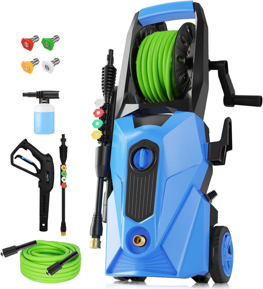 Electric Pressure Washer 5000 PSI,2.8 GPM Power Washer with Foam Cannon,Portable Cleaner with 33ft Hose Reel,4 Nozzle Tips,and Soap Bottle for Cars/Home/Driveways/Patios/Decks/Fences