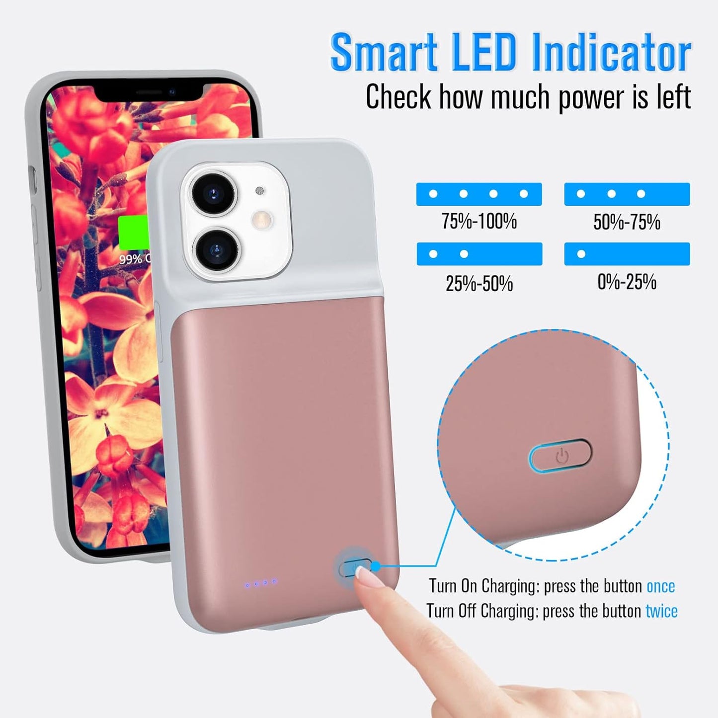 Gladgogo Battery Case for iPhone 12/12 Pro, Powerful 7000mAh External Smart Charging Case Portable Ultra Slim Rechargeable Battery Pack for iPhone 12/12 Pro, 6.1 inch, Pink