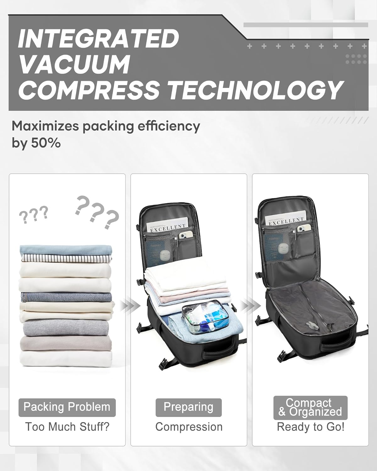 suwasp Vacuum Compression Backpack, 45L Expandable Travel Backpack with Electric Vacpack Pump