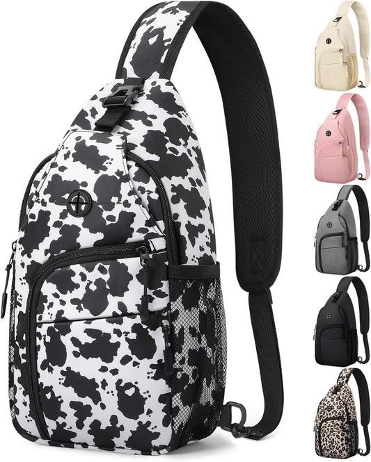 Medium Crossbody Bags for Women Man Waterproof Sling Bag Backpack with Convertible Shoulder Strap Chest Bag for Camping Hiking Travel Essentials (Cow Print)