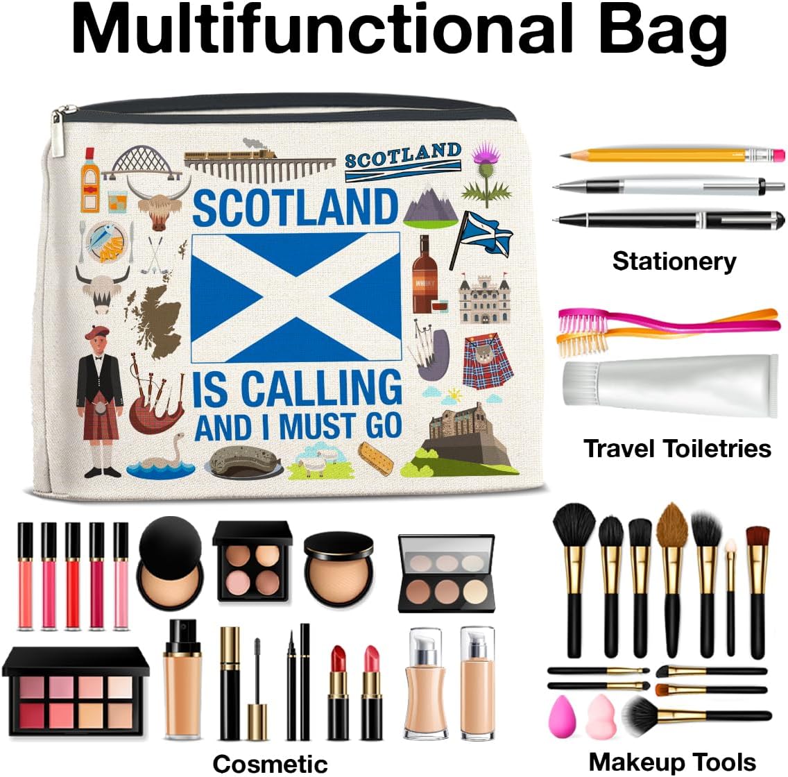 Scotland Travel Gifts Makeup Bag Scotland Gifts for Women Friends Traveler Cosmetic Bag Scotland Is Calling Zipper Makeup Pouch