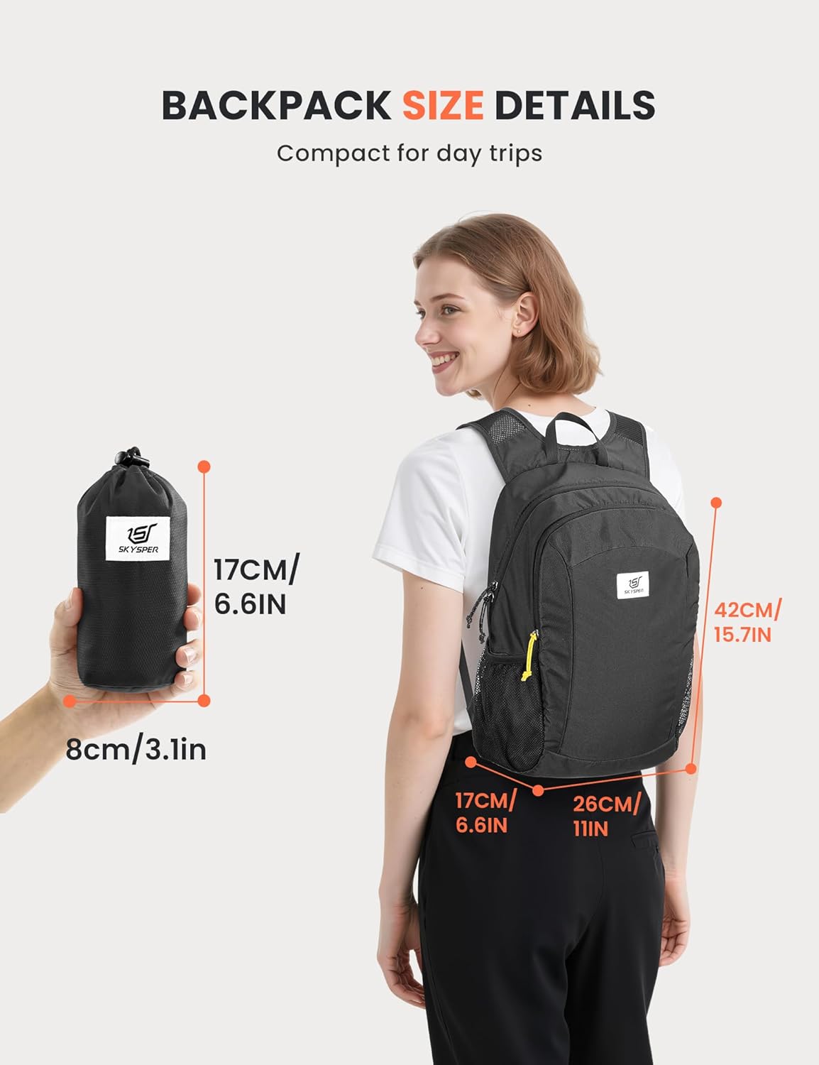 SKYSPER 16L Hiking Backpack Lightweight Small for Women Men, Foldable Packable Daypack - Travel Camping Backpack, Outdoor Hiking Bag （Black）