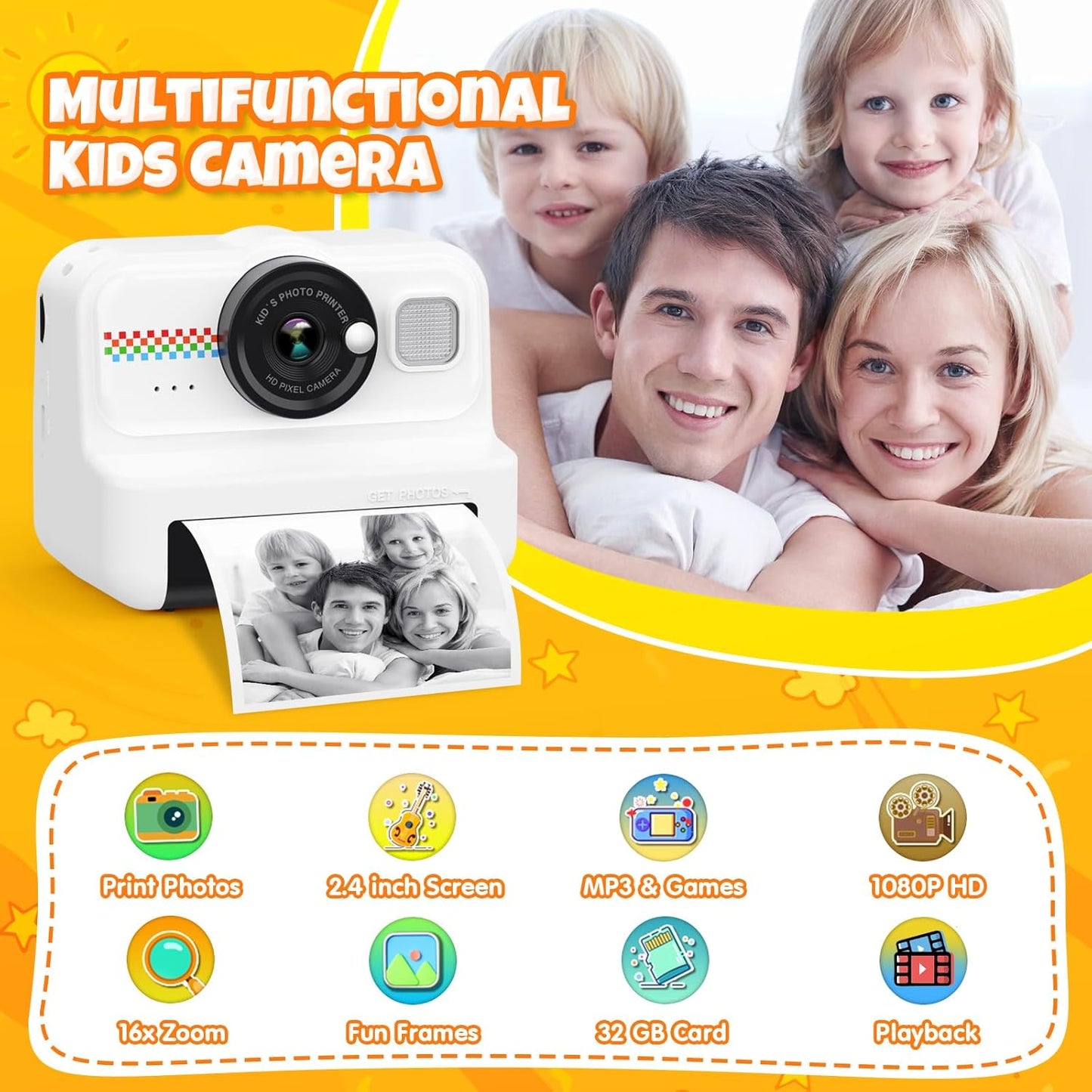 Kids Instant Print Camera, 1080P HD with 3 Rolls Print Paper & 32GB Card, Ideal Kids Toys Gifts for Boys & Girls Age 3-14 (Black)