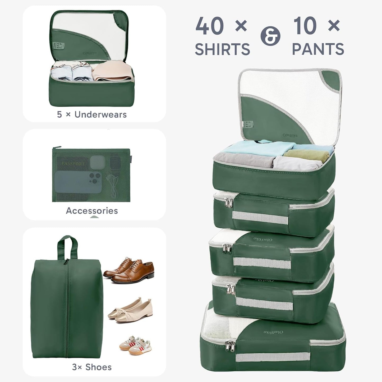 ALL INCLUDED 10 Set Durable Packing Cubes for Suitcases,OlarHike Essentials for Travel,UPGRADED Anti-Tear Stitching, NEW Improved Luggage Packing Organizers for Travel Accessories (Dark Green)